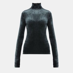 Theory Like New Velvet Velour Dark Green Turtleneck Long Sleeve Top